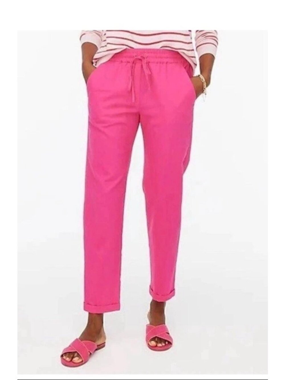 J Crew Linen Cotton Blend Drawstring Pull On Pants Size 12 Hot Pink NEW NWT